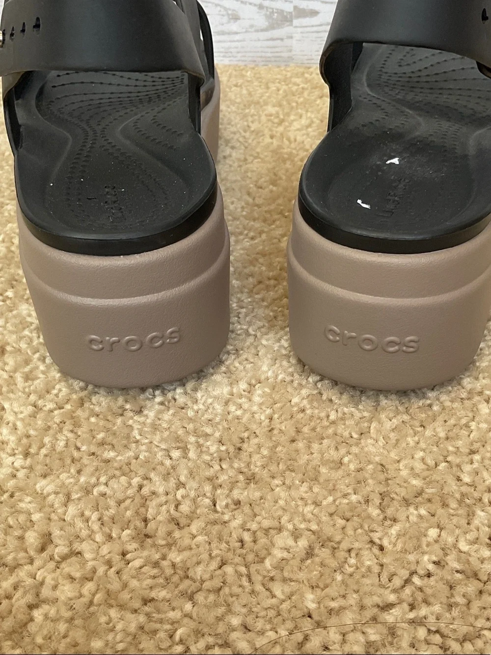 CROCS Black Upper with Tan Platform Slingback Platforms